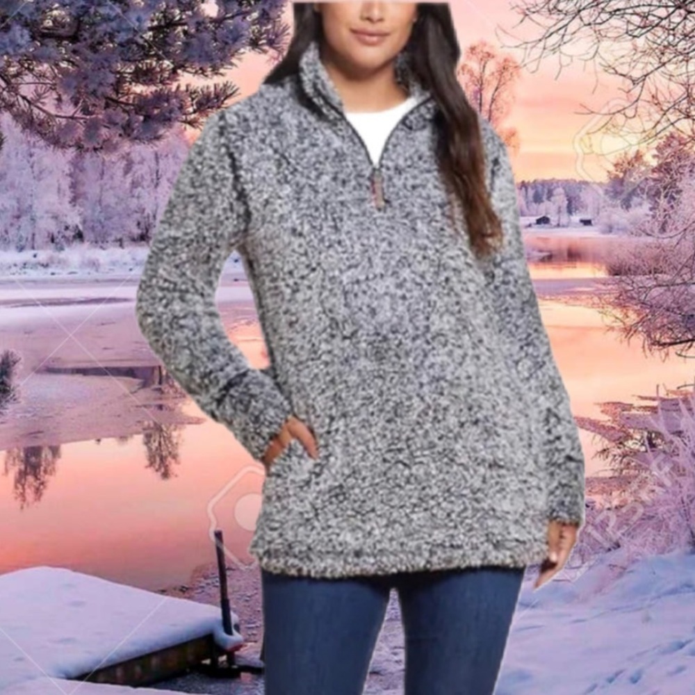SOFT Weatherproof Cozy Gray Sherpa Pullover Sweater Jacket